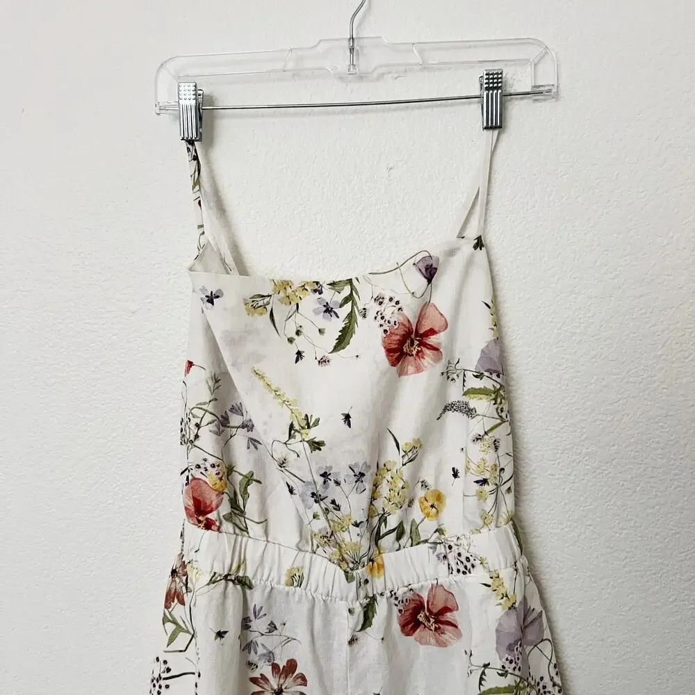 [H&M] Cream Linen Blend Cottagecore Wildflower Floral Print Strappy Romper Sz XL